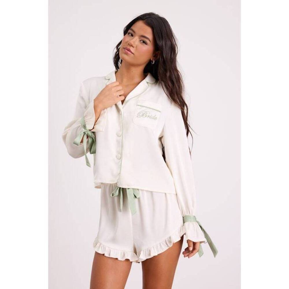 Lulus Kelda Ivory And Sage Satin Embroidered Two-piece Pajama Set White - Size M